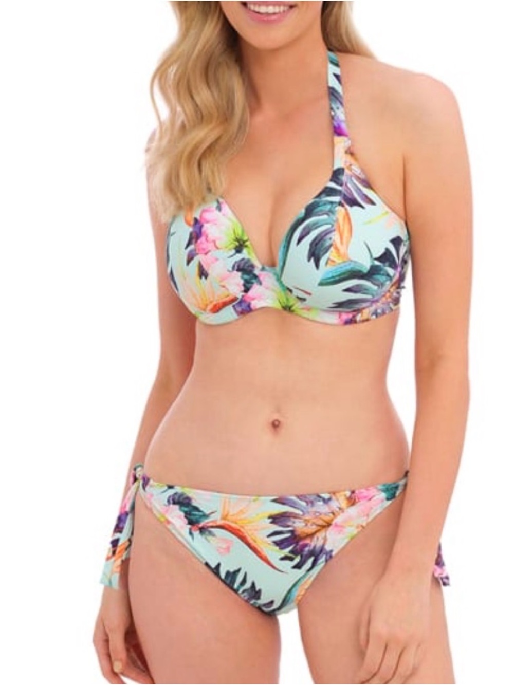 Shade & Shore Mint&Punk Floral Halter Tie-Side Bikini Set. Size Bra 36DD Bottom